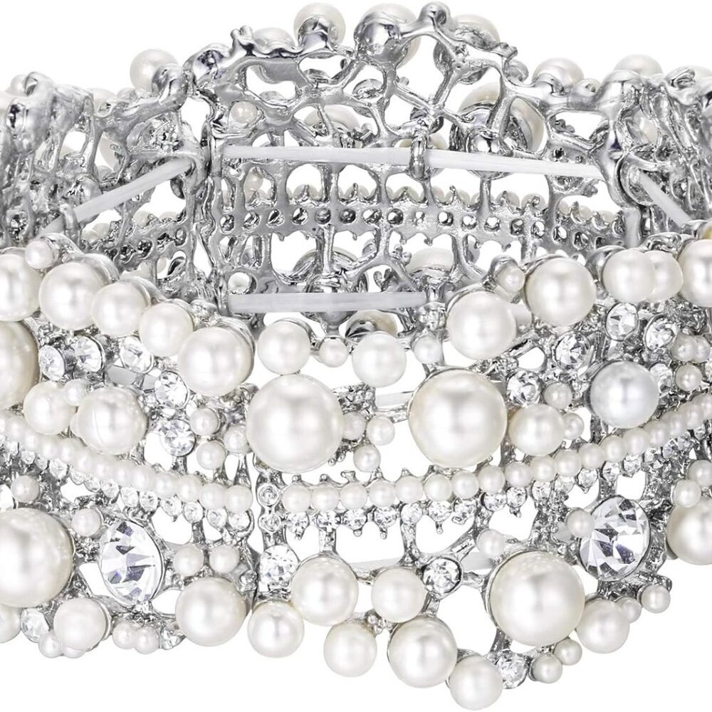 White Rhinestone Crystal Wedding Jewelry Simulated Pearl Flower Bridal Stretch B